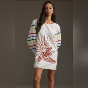 Farm Rio Long-Sleeve Scallop Mini Bird Embroidered Rainbow Dress Size Large